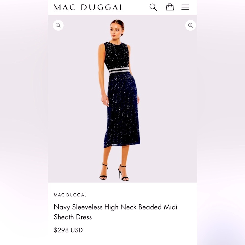 MAC DUGGAL
Navy Sleeveless High Neck Beaded Midi Sheath Dress